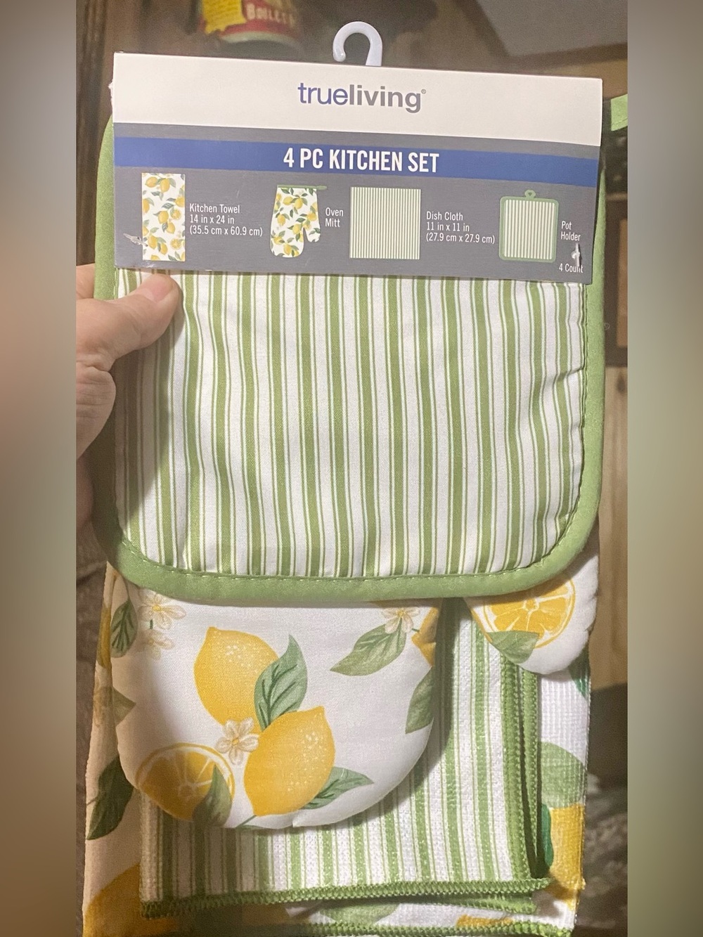 True Living 4-Piece Kitchen Set bright yellow lemon/green stripe pattern